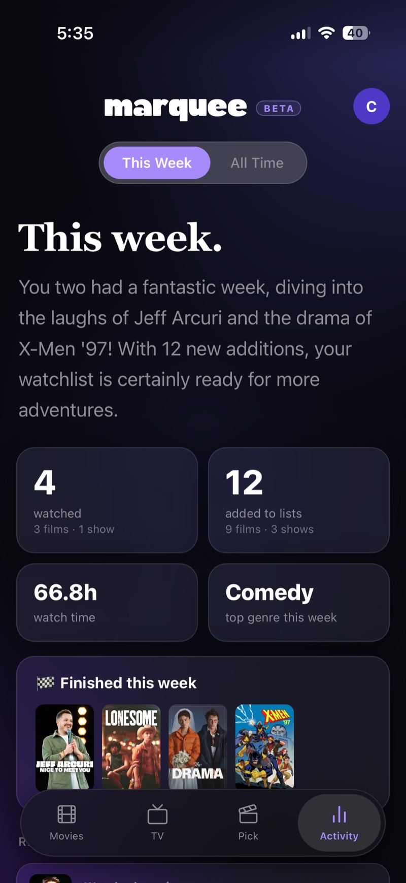 Marquee activity and stats screen